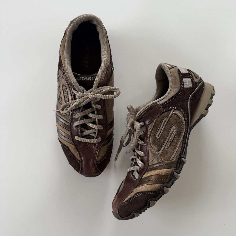 Skechers Sneaker Shoes Womens Size 8.5 Brown Leather Lace Up Walking Comfort